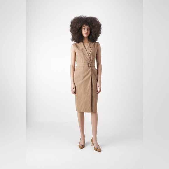 HUGO BOSS Drupe Belted Linen Blend Dress in Camelhair Size US 6 NWT - Picture 3 of 13